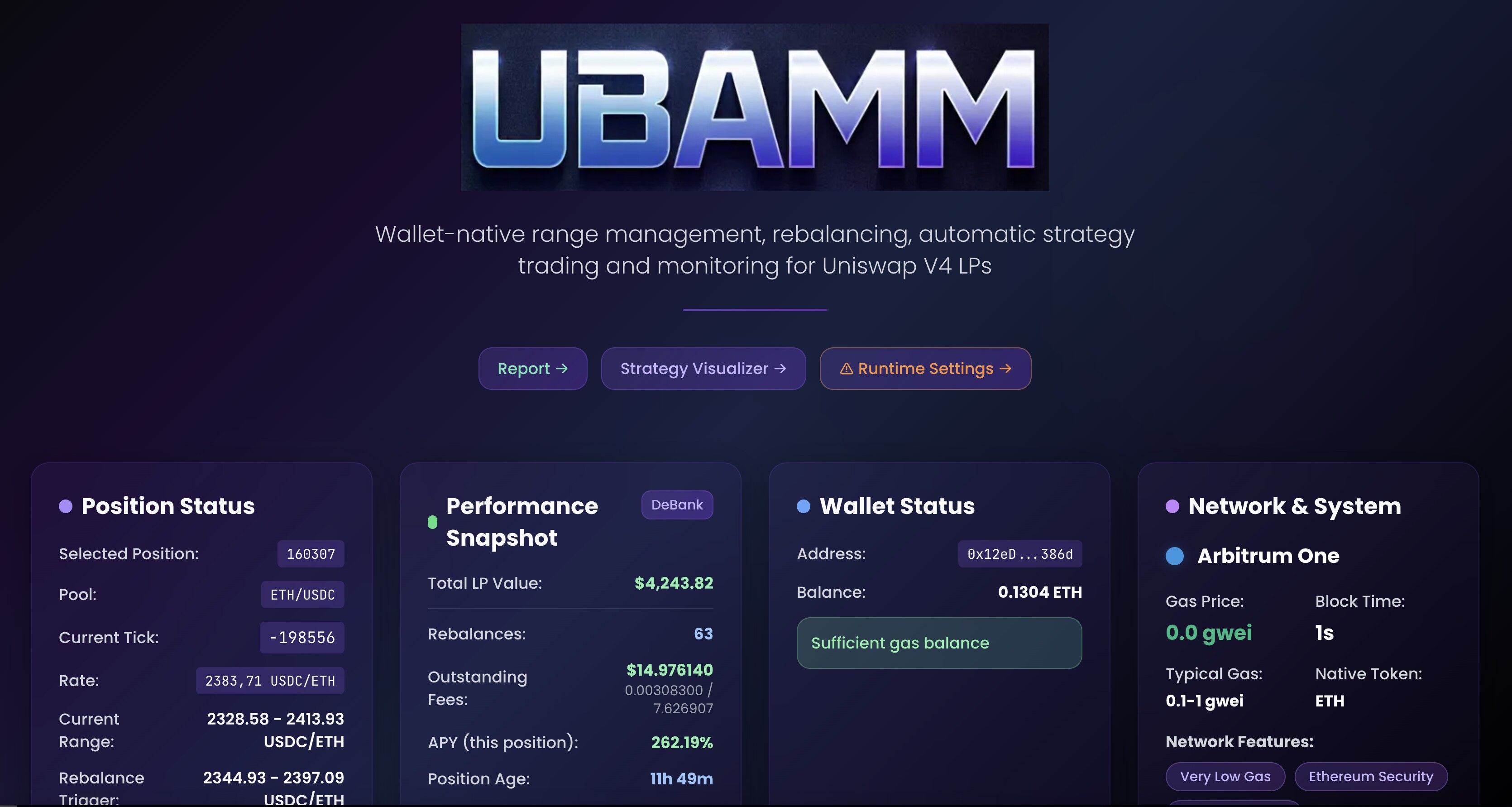 UBAMM wallet-native LP dashboard overview