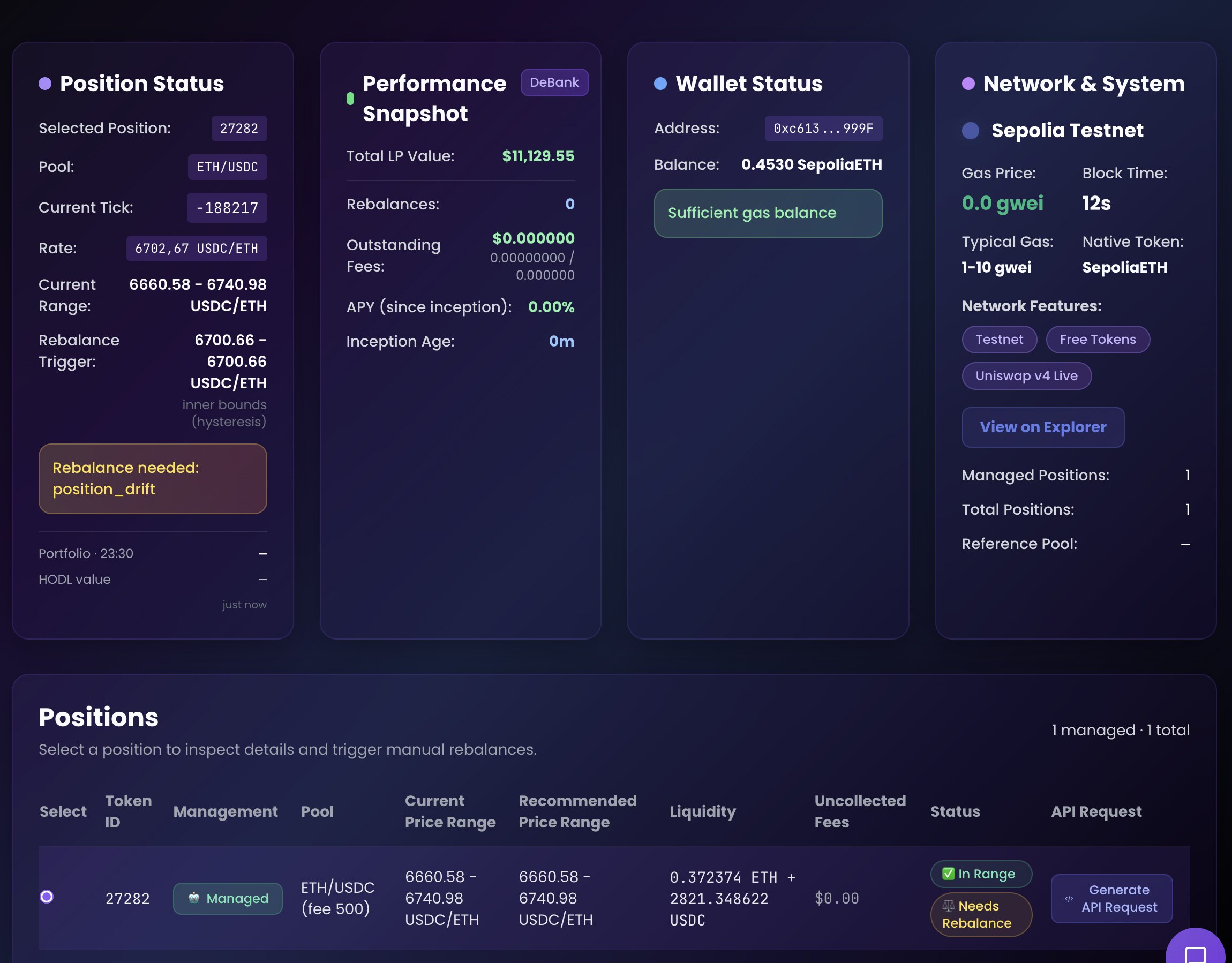 UBAMM testnet wallet and position management interface